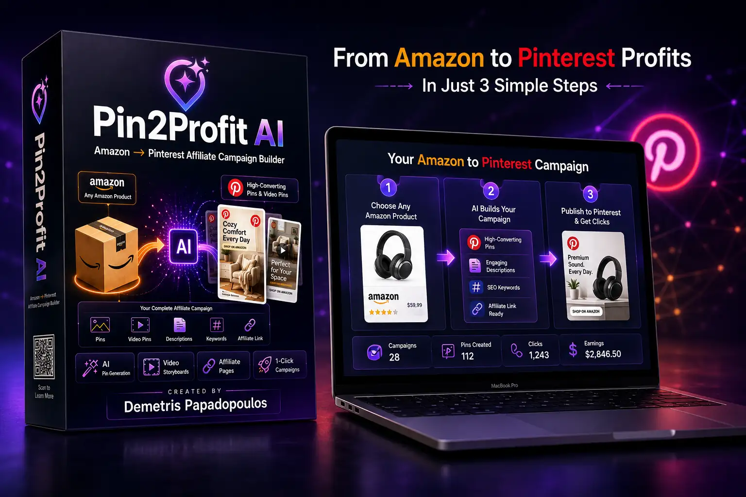 Pin2Profit AI dashboard for building Amazon affiliate campaigns on Pinterest